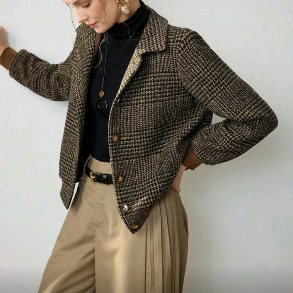New Autumn/Winter Woven Turndown Collar Plaid Elegant Long Sleeve Casual Jacket - Picture 6 of 7